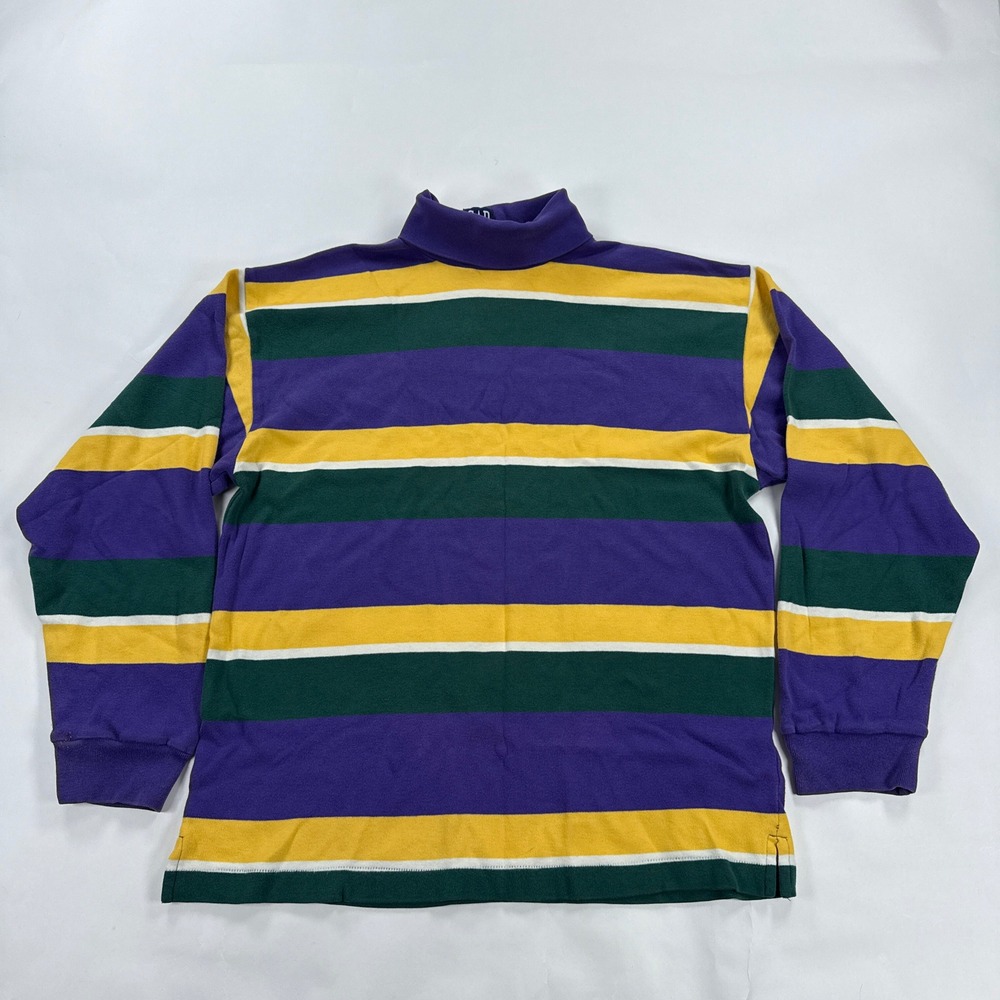 Vintage 90s GAP Striped Turtleneck Shirt Mens Large Mardi Gras Purple Green Gold